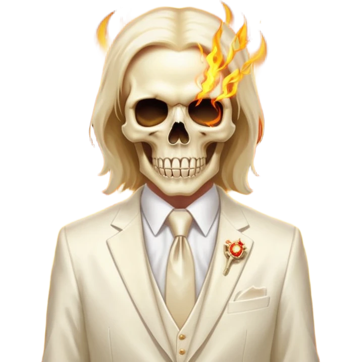 aesthetic shiny glowing divine lighting - Megadeth icon - a politician in an ivory ethereal suit wears a white tie, has a skull instead of a head, and instead of glasses, burns in fire emoji