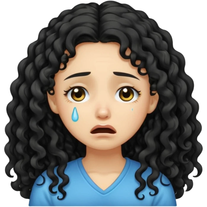 A light skinned girl with long black curly hair crying emoji