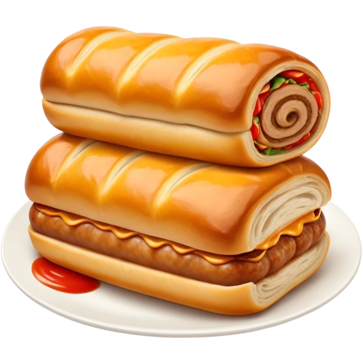 cinematic-realistic-sausage-roll-dish-emoji,-depicted-with-a-crisp,-golden-pastry-wrapped-around-flavorful-sausage,with a squeeze of tomatoe sauce on top emoji