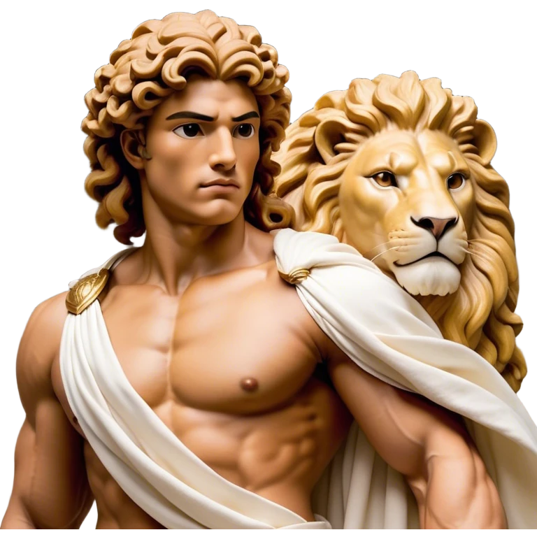 Cinematic Realistic Hercules Portrait, depicted as a classical Greek hero merging the fierce masculinity of the lion-wrestling Hercules with the refined face of Michelangelo's David. His light tan, chiseled skin glows with timeless strength, and his thick, curly, golden brown hair cascades in natural, sculpted curls reminiscent of a warrior’s mane. Draped in a flowing white robe with delicate golden accents and crowned with a traditional Greek laurel wreath, his intense, determined eyes exude noble might, all rendered under dynamic natural lighting with a mythic, radiant glow. emoji