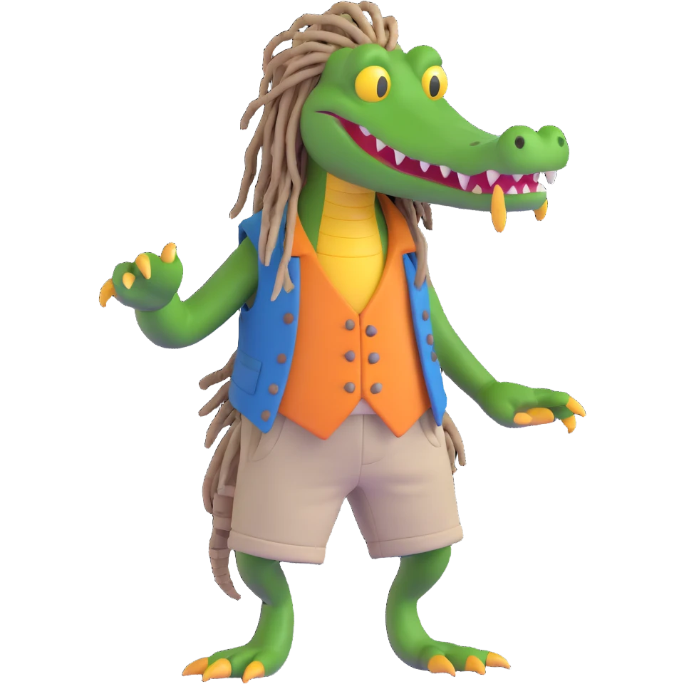 3D cartoon Rasta alligator, wearing a vest and shorts, with long dreadlocks, lively and expressive emoji