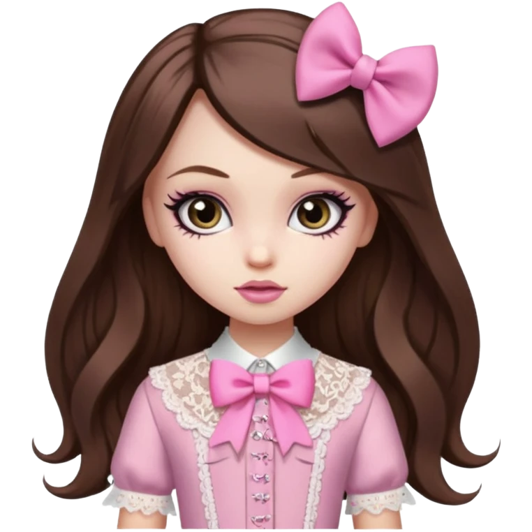 pretty, brown long hair, pale skin, eyeliner, pink bow, lace clothes, bratz baddie emoji