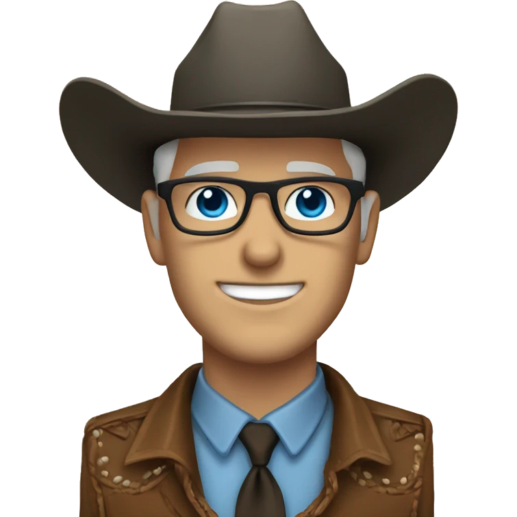 White man with glasses, cowboy hat, blue eyes, and bolo tie emoji