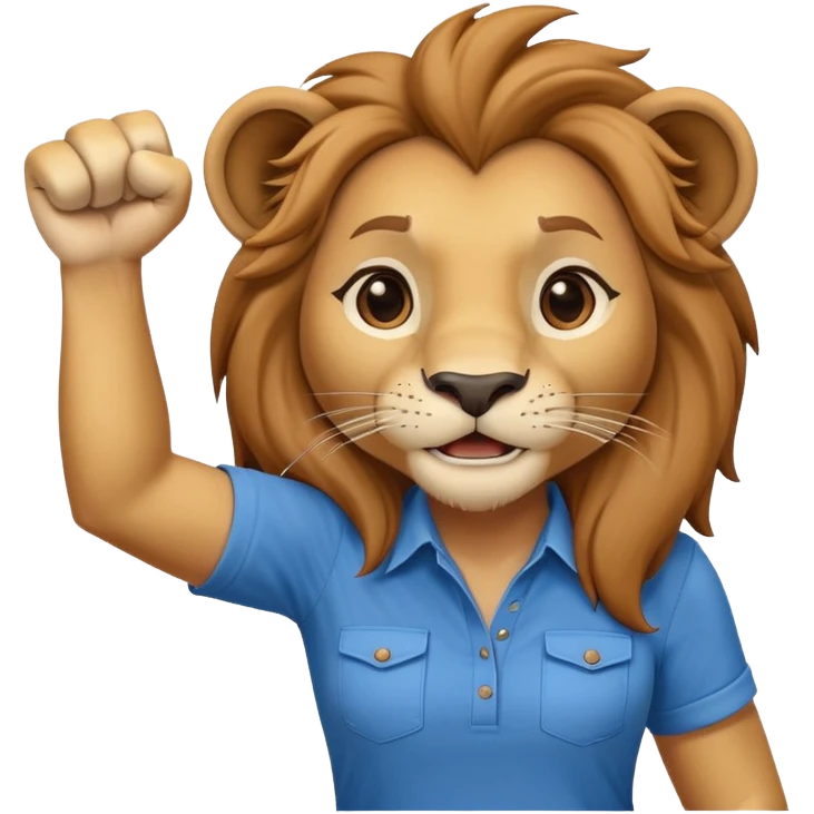 friendly anthropomorphised female lion in a shirt and pants with fist raised, energetic pose emoji