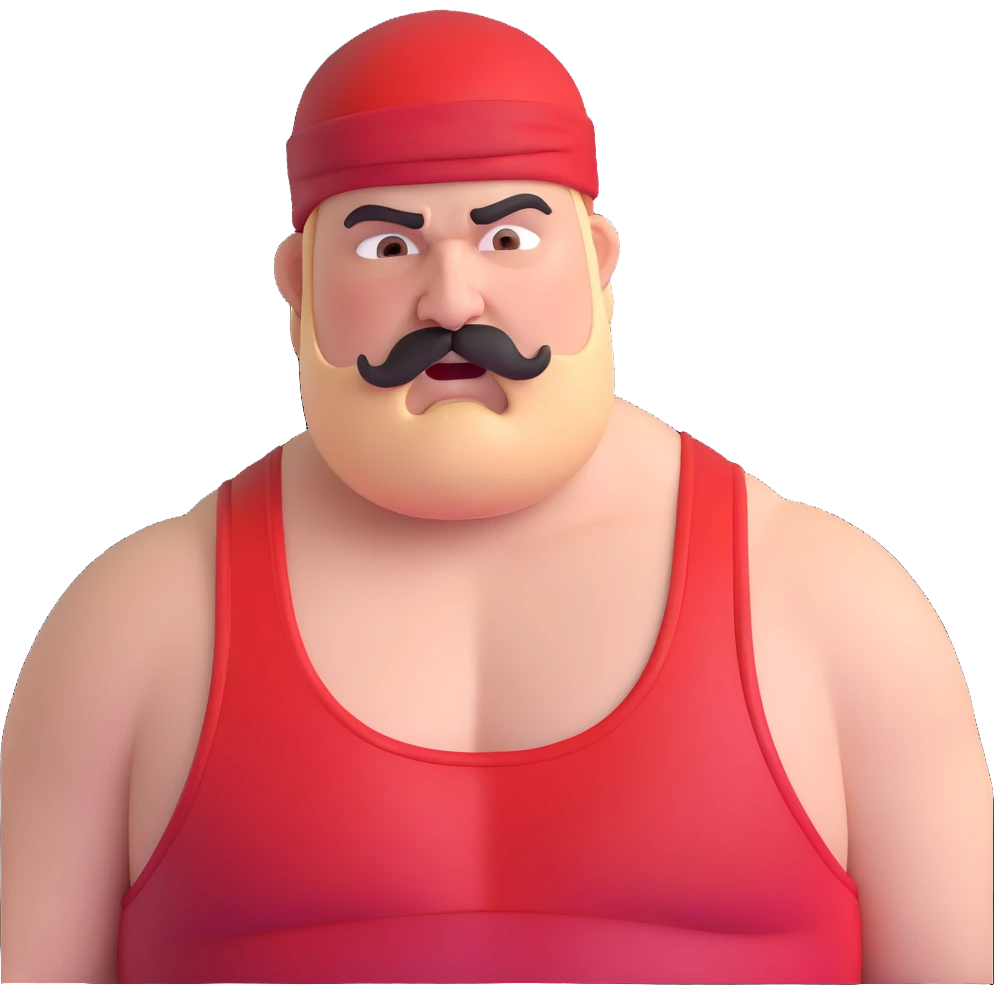 Close-up of extremely fat white skin guy with young face, beard and mustache, no muscle with prominent black durag, black eyes in a red and black wrestling singlet with angry face emoji