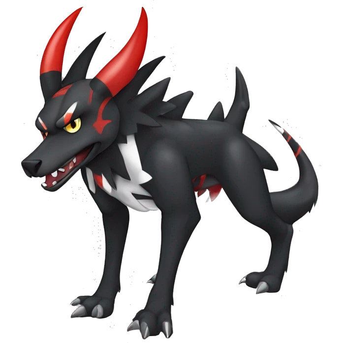 Black Cool Edgy Nargacuga-Houndoom-Garchomp Fakémon Digimon with Red and white Edgy markings, full body, outlined, sharp line Art emoji
