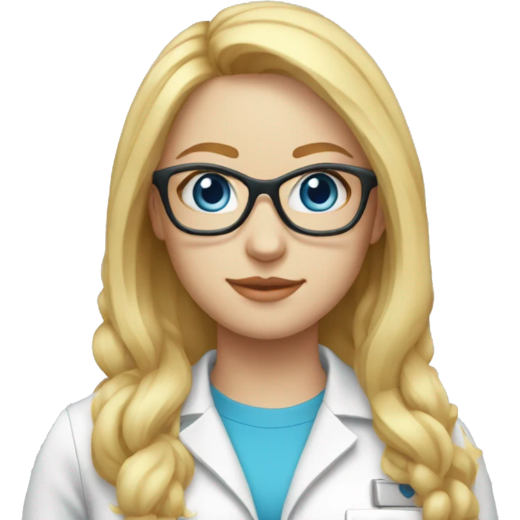 young woman with white skin, blonde shot straight hair, blue eyes with glasses wearing biology suit emoji