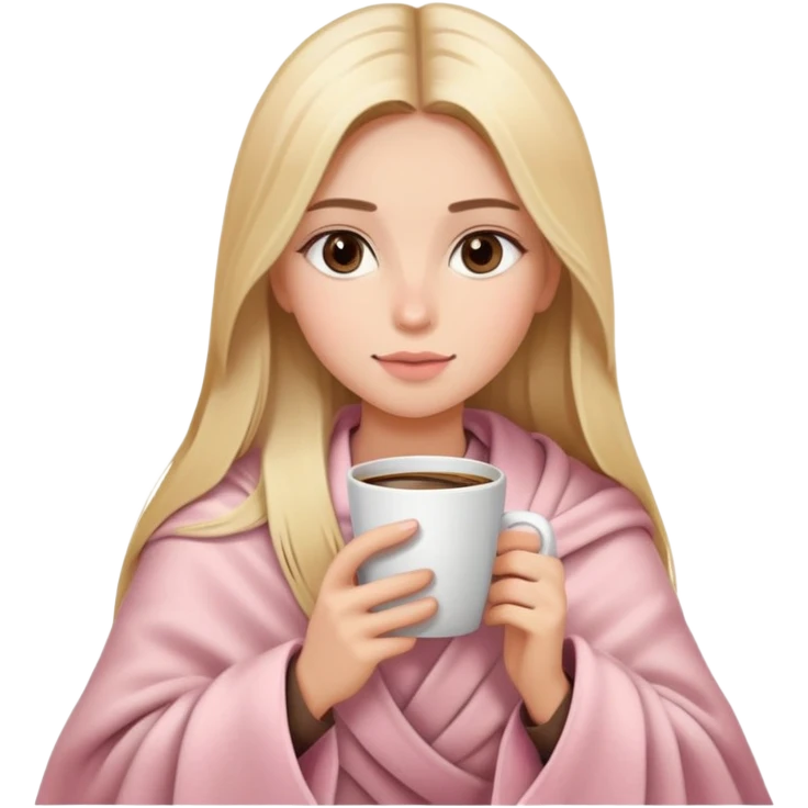 Long blonde straight balayage hair girl drinking coffee, almond dark brown eyes, soft pink blanket emoji