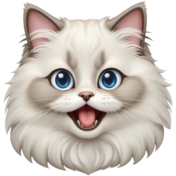 cinematic-adorable-big-eyed-fluffy-ragdoll-cat-portrait-emoji,-head-tilted-playfully-with-a-cute,-exaggerated-yawn,-white and grey fur,-simplified-yet-irresistibly-cute-features, blue eyes emoji