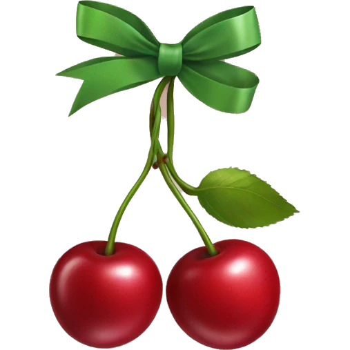 An emoji of two cherries hanging from a ribbon bow, with the cherries dangling below the tied bow emoji