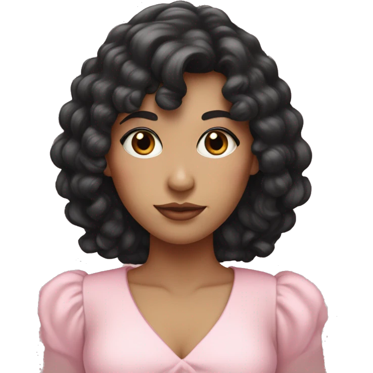 White woman with long black curly hair and bangs and dark brown eyes, wearing a pastel pink dress emoji
