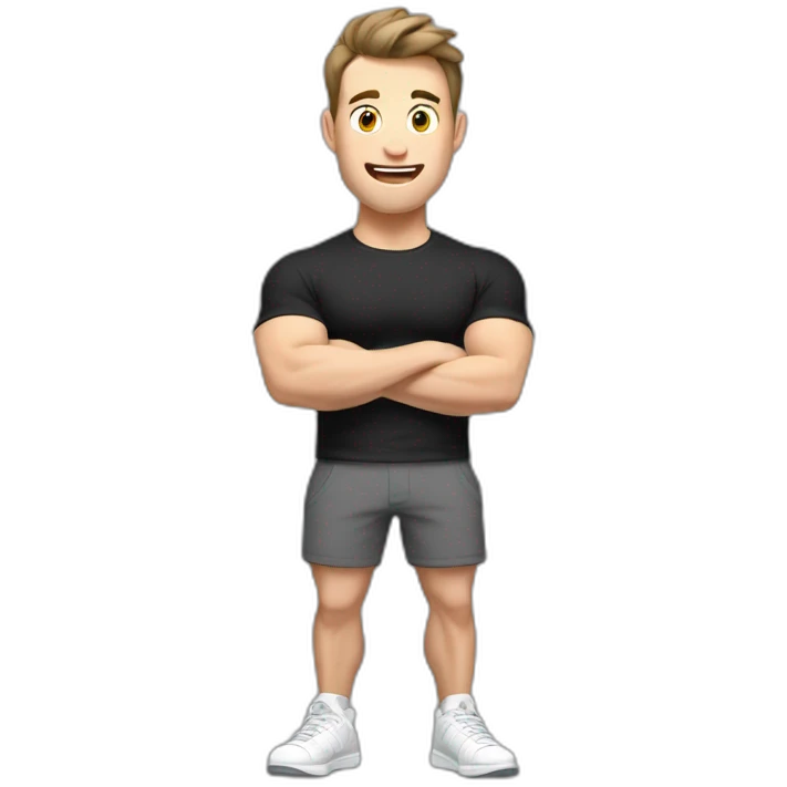 amazed Open with surprise mouth Pale skinned Fit Man With the biceps and dark brown hair in black shirt, gray sports shorts and white Sneakers emoji