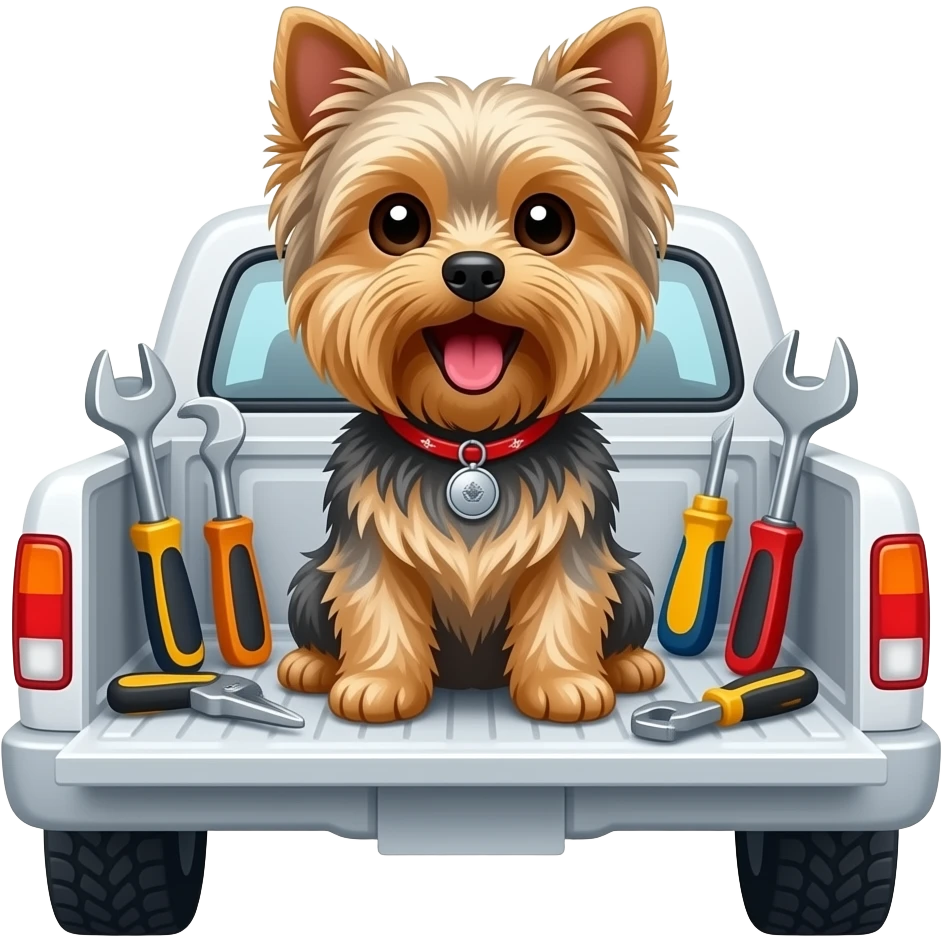 Yorkie dog mouth open sitting in a white truck surrounded by tools emoji