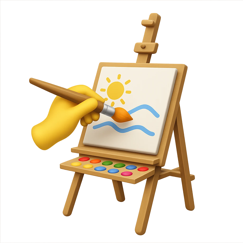 Add a hand drawing something on the easel with canvas and paintbrush in emoji style, no background, vibrant and clear colors, simple and concise emoji look emoji