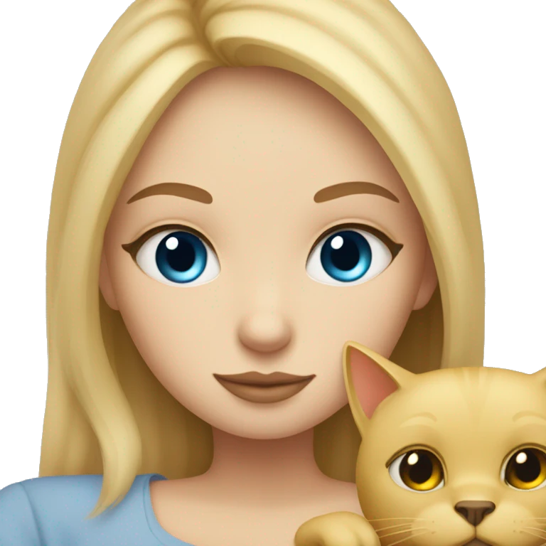 A Blonde haired girl that has blue eyes cuddled up in bed with a black cat that has yellow eyes emoji