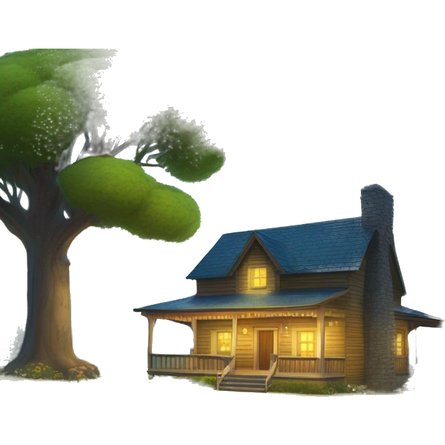  very very big Cabin near a big tree.  Thick moss growing on the roofs. grass fields. porch lights turned off. bright white interior lights turned off. guests sitting in chairs on the porch, flowers and bushes are yellow and blue. emoji