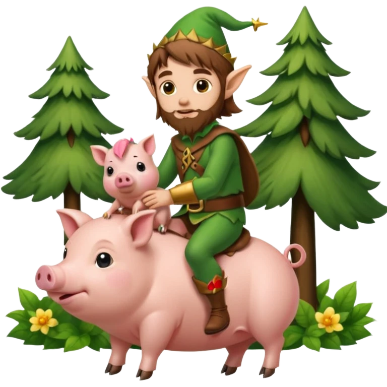tiny forest elf man long brown hair beard riding baby pig emoji
