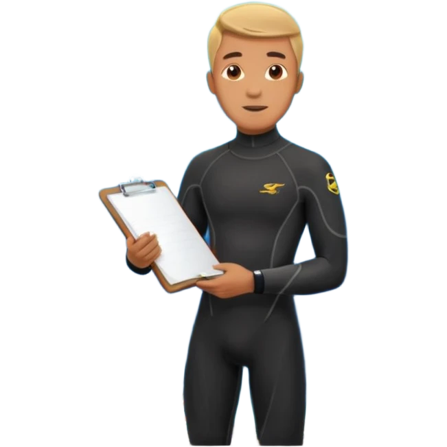 male marine conservationist in a wetsuit holding a clipboard surrounded by ocean life emoji