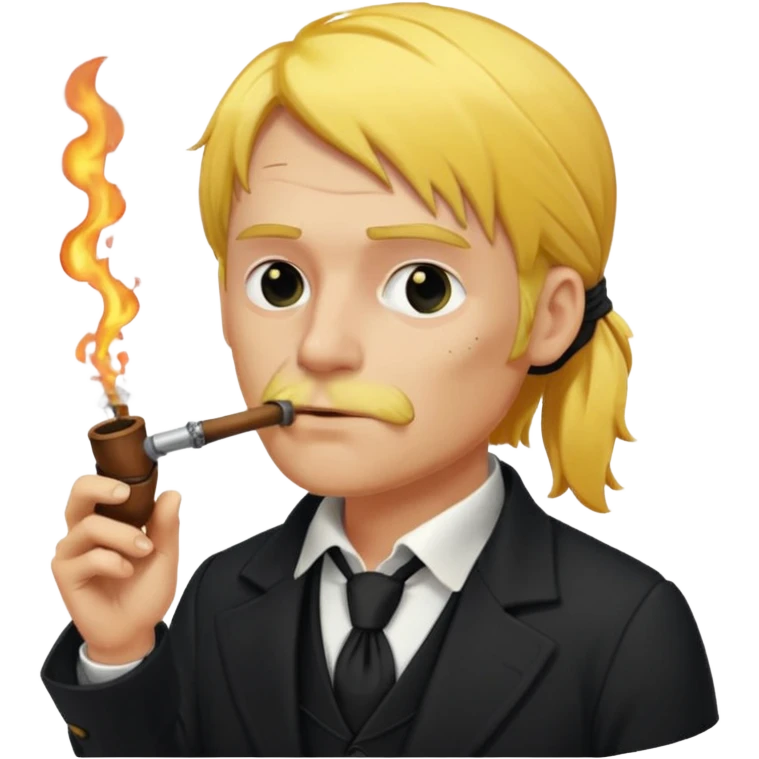 A man with yellow hair, in a black business suit, smoking a pirate pipe emoji
