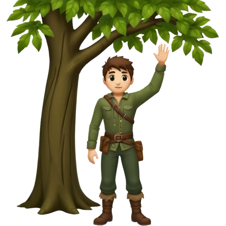 full body forest rogue man, from behind leaning against tree, one arm raised, leaf shadows on back emoji