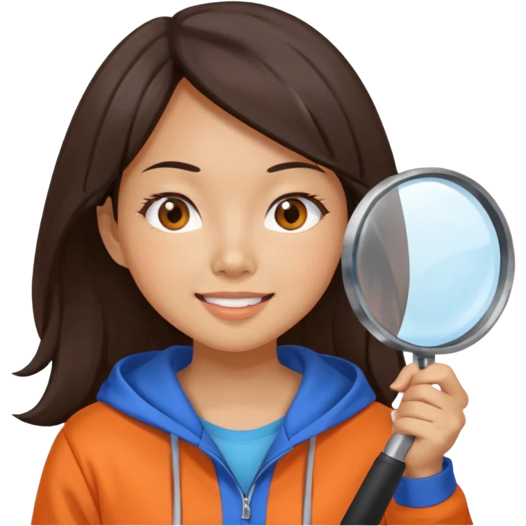 A brunette smiling asian woman wearing orange-blue hoodie holding a large magnifying glass and squinting at something to intently emoji