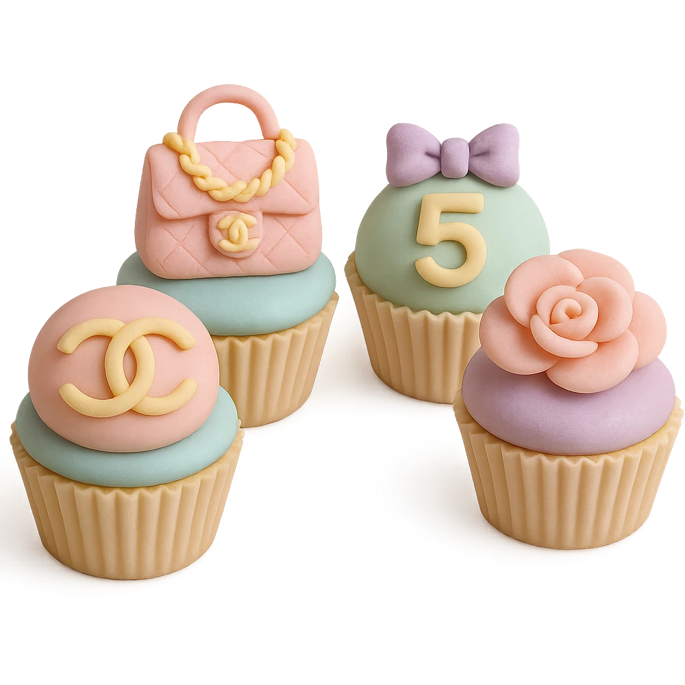 pastel rainbow Chanel cupcake set, each with a different logo or accessory emoji