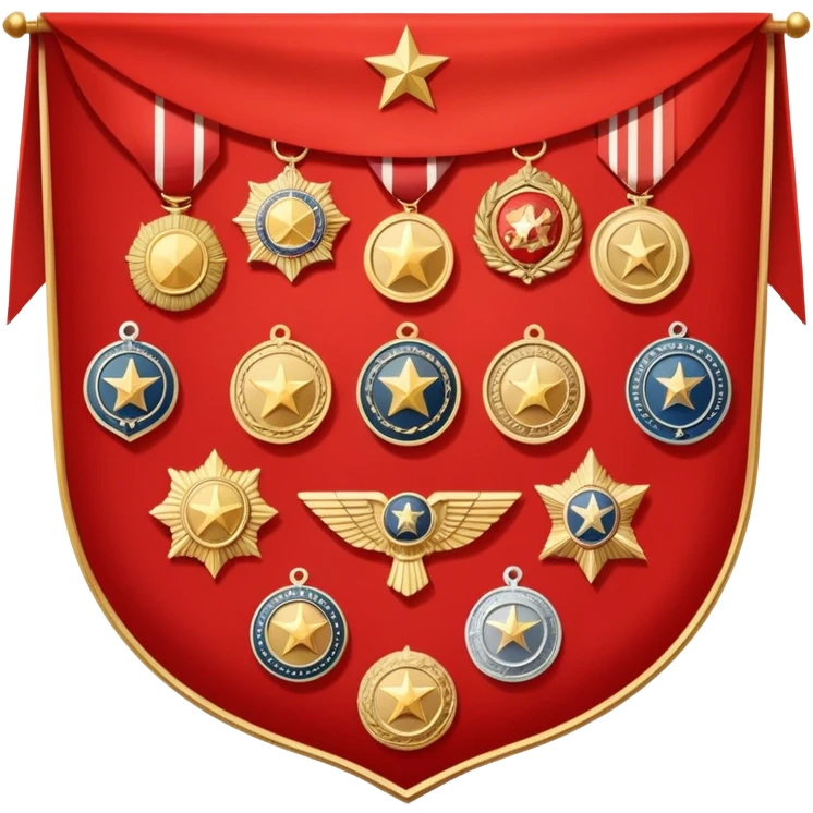 Icon for Collecting Orders, Medals & Badges: a variety of vintage orders, medals and badges, displayed neatly on a big red pennant or in a display case. The icon should reflect the honor and historical significance of these collectible items. Transparent background. emoji