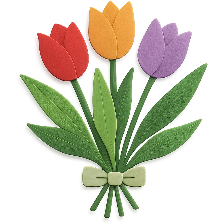 bouquet of tulips, layered paper details, multiple tulip colors, elegant arrangement, green leaves emoji