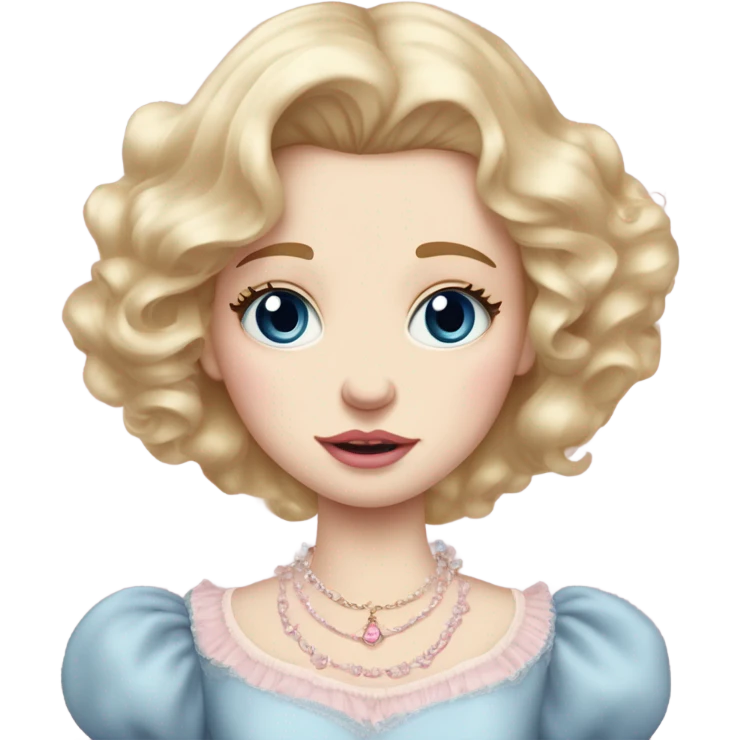 Crying girl with blonde hair pale skin blue eyes. Pink lips blush (but not too much). Vintage blowout with long hair not too curly.  light pink princess dress, puffed sleeves, dainty choker necklace (think Versailles but not too much).  emoji