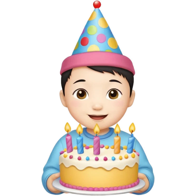 with chines cute baby wearing birthday hat with birthday cake emoji