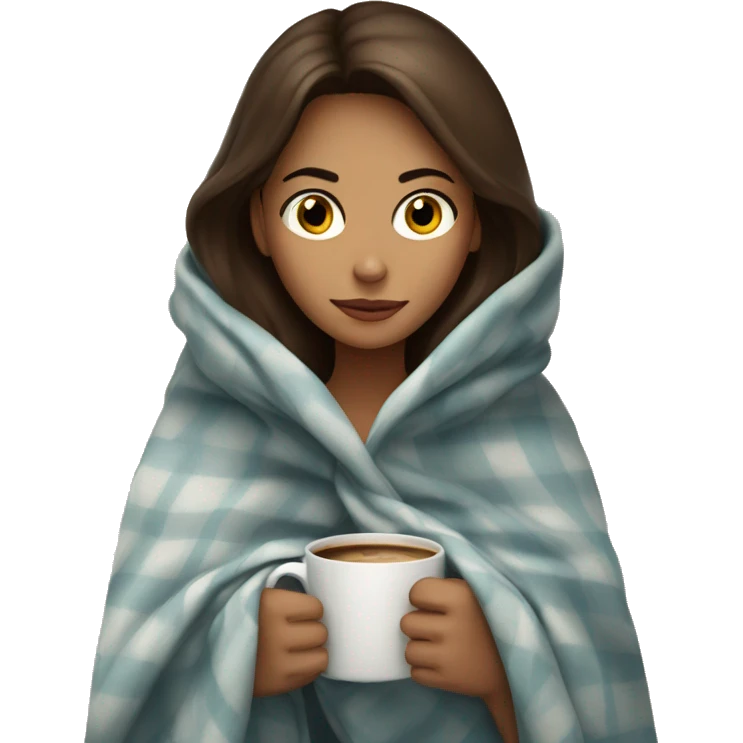 girl inside a blanket sipping coffee eyes brown, brunette with fair skin emoji