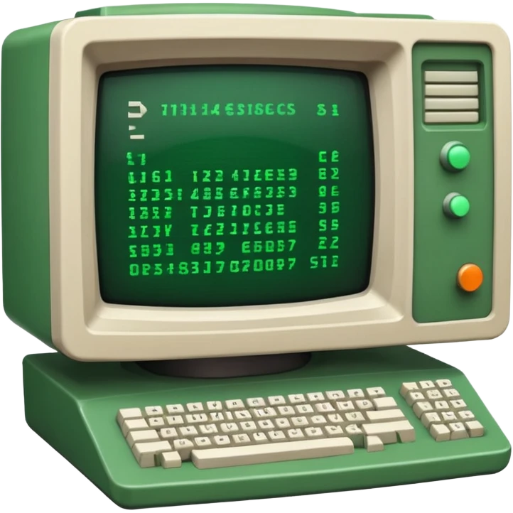 mac os icon code computer retro terminal, black, green white, numbers and code lines on the screen emoji