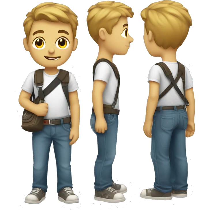 A boy wearing a sling bag across his body and holding strap with his hand emoji