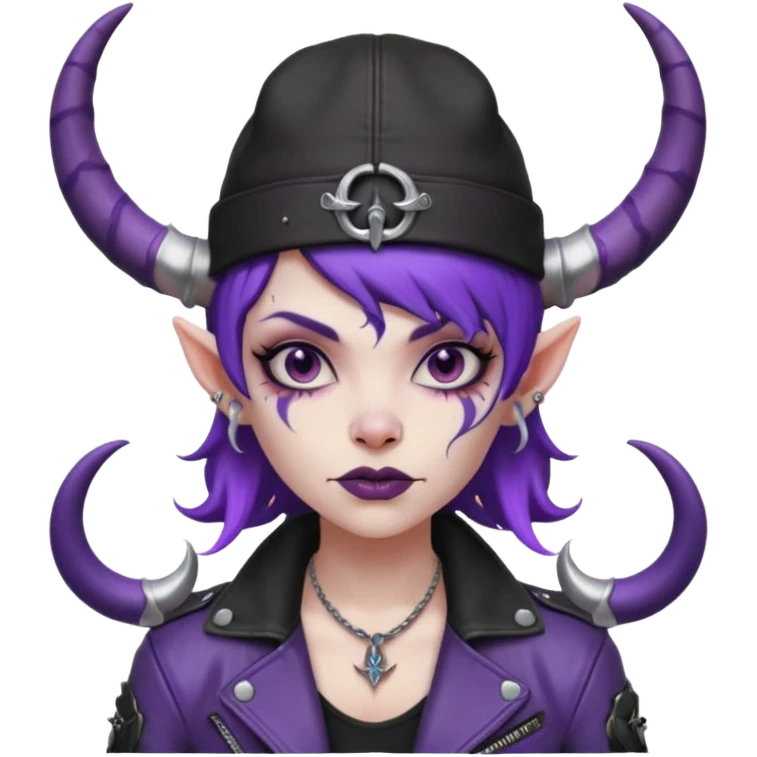 purple girl demon with tattoos, hat, jacket and horns emoji