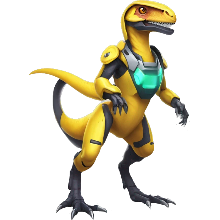Shiny Edgy Velociraptor-Genesect-Fakémon-Pokémon wearing a with a futuristic cyber-helmet And suit Full Body emoji
