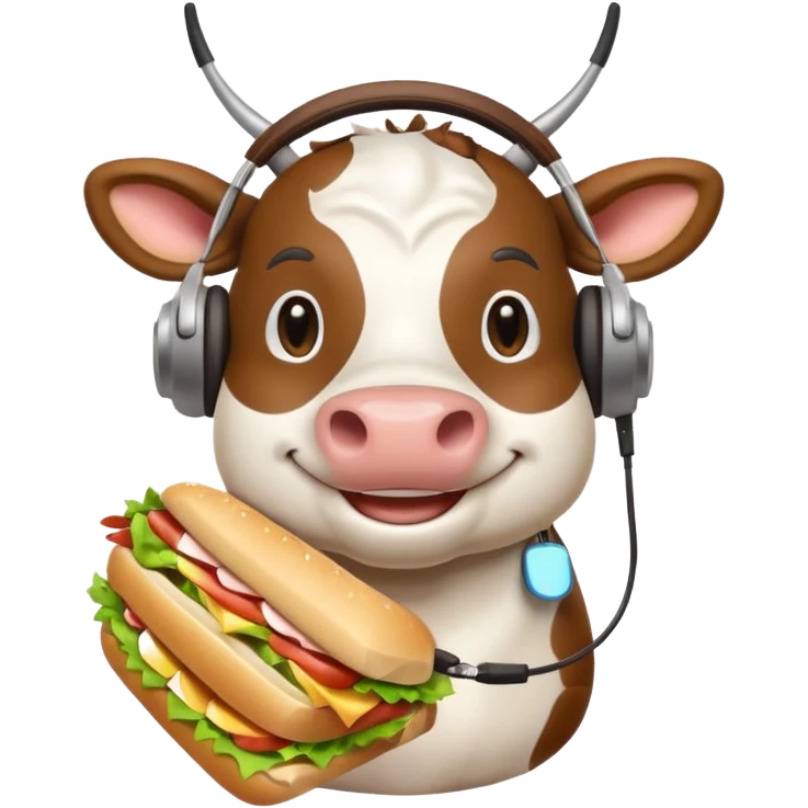smiling cow with headphones, holding a sub sandwich, apple emoji style emoji