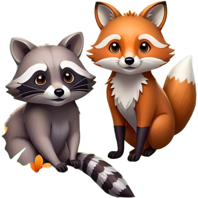 Collage of a raccoon and a fox, in close-up, set in a beautiful forest with tall trees, green bushes, and sunlight filtering through the leaves and flowers. A vibrant, wild atmosphere with a transparent background. emoji