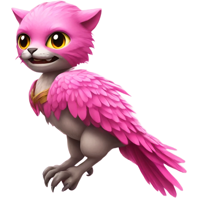 A cat riding a pink feathered raptor emoji