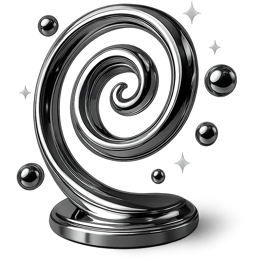 abstract spiral with floating orbs and sparkles, representing magical energy, chrome style emoji