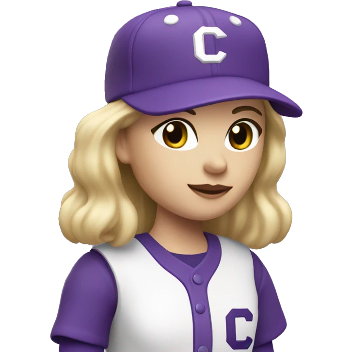 baseball card character. white female. long blonde hair. letter C logo. Purple and white uniform.  emoji