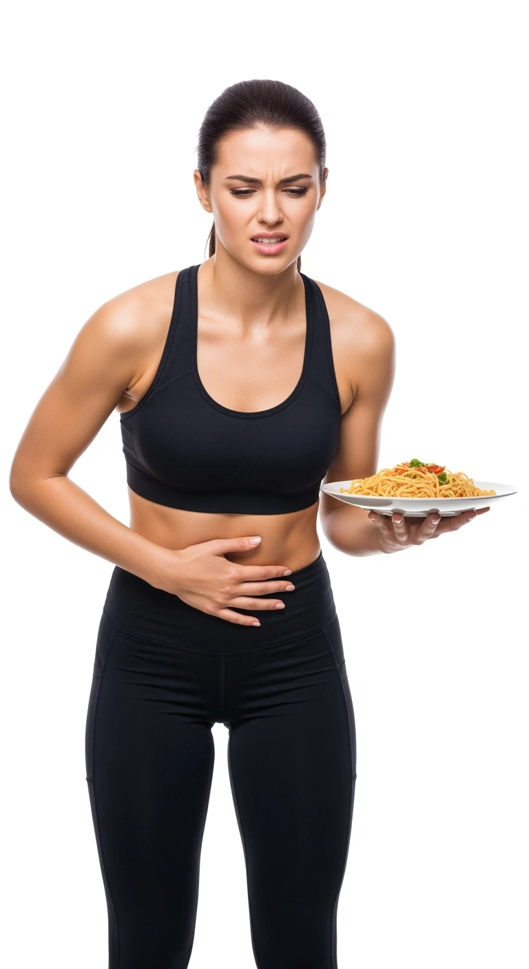 DONNA FITNESS CON PIATTO DI PASTA IN MANO E MAL DI PANCIA, FA FATICA A DIGERIRE, ISOLATA SU SFONDO BIANCO emoji