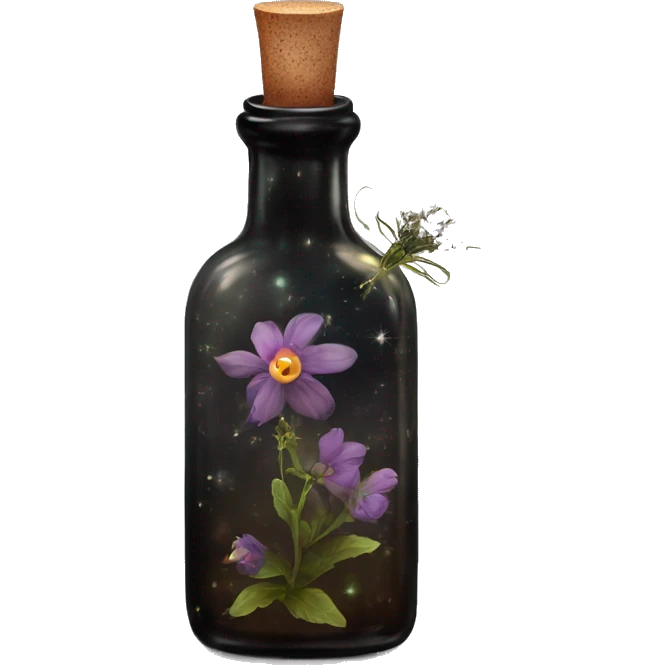 Black magic fairy light sparkling old Antique bottle with poison and with herbal and flowers emoji
