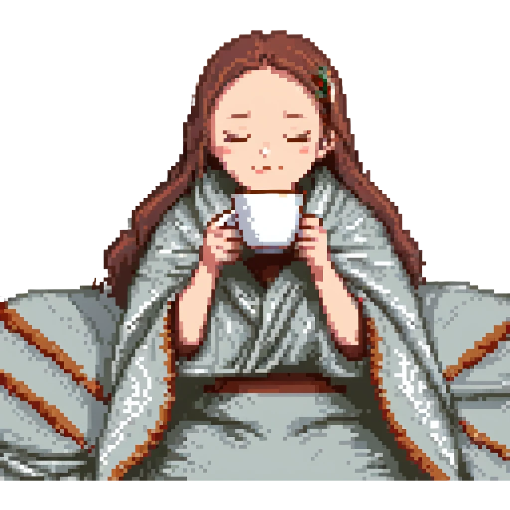 girl inside a blanket sipping coffee, eyes closed, style 5 emoji