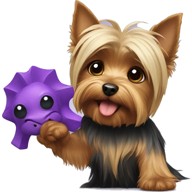 Yorkshire terrier holding a violet dinosaur toy  emoji