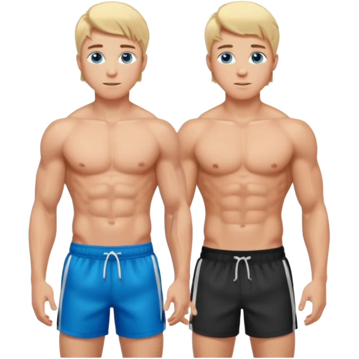 a 20 year old blond man with blue eyes, very muscular with abs, shirtless with sports shorts emoji