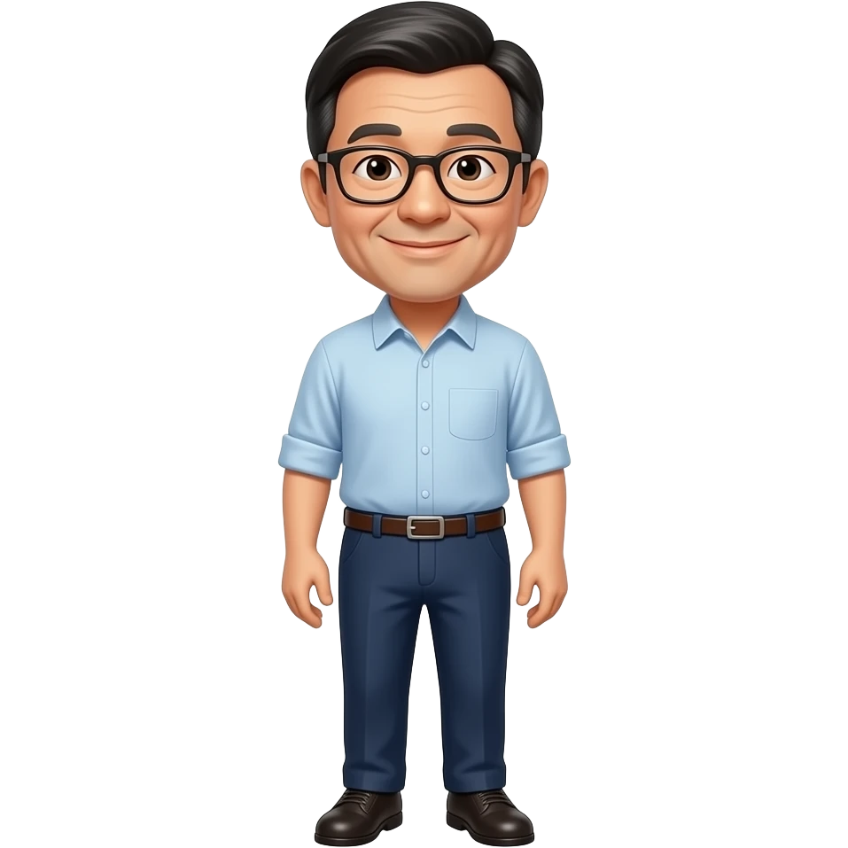 Китаец азиат с характерными внешним видом среднего возраста с очками и ухмылкой во в полный рост emoji