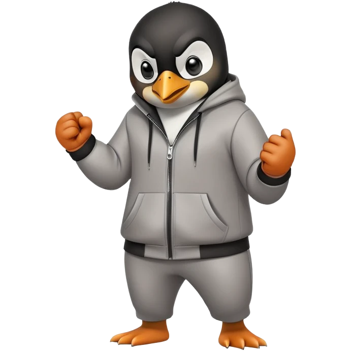 friendly anthropomorphised penguin wearing a mafia-style tracksuit, secretive scheming pose, soprano vibe, angry expression, running aggressively, holding a knuckle duster emoji