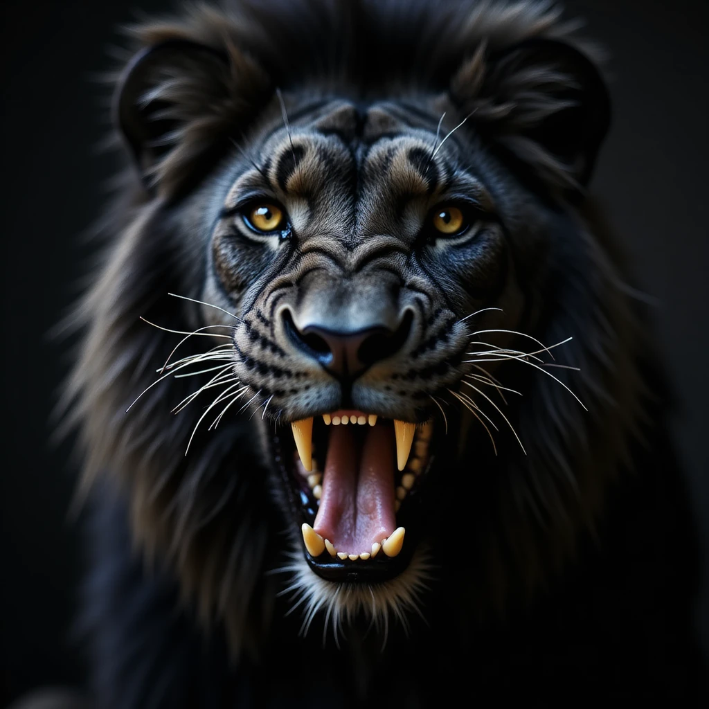 a black lion with a gold tooth, realistic fur texture, close-up emoji
