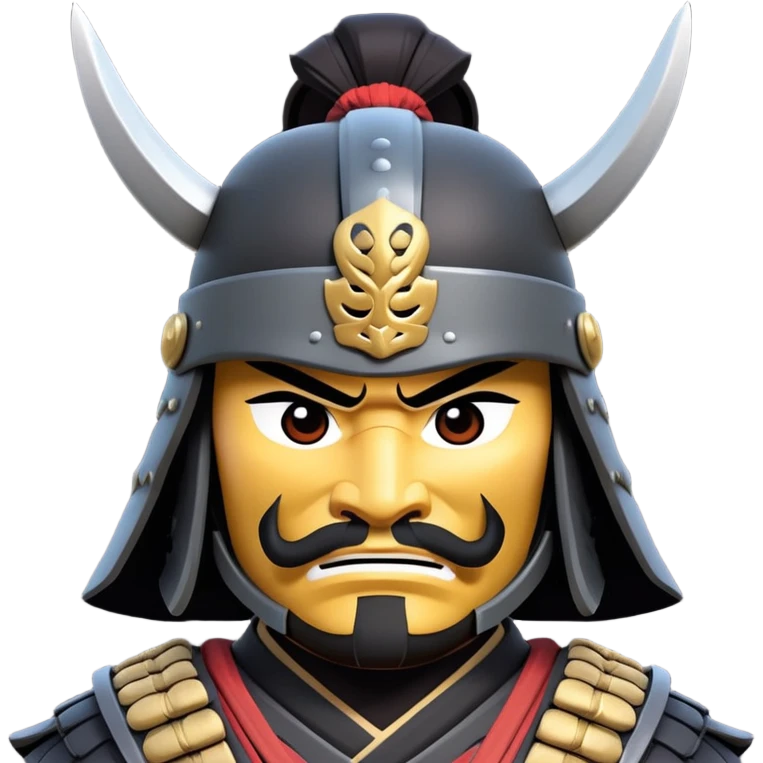 clash-of-clans-aesthetic_-cinematic-fearsome-and-majestic-samurai-bust-portrait-emoji, rendered in a flat, vector-style with minimal shading and bold, simplified shapes typical of emoji art, depicting a battle-hardened samurai with black mask and traditional black Japanese armor. The samurai is riding a noble grey warhorse adorned with an intricately designed saddle and fluttering banners and a rising sun. a samurai on a   horse emoji