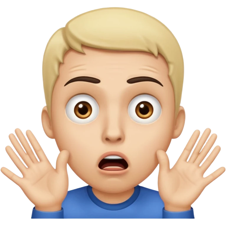 a shocked face, with their mouth and eyes are wide open, eyebrows  raised, and palms against his cheeks. emoji